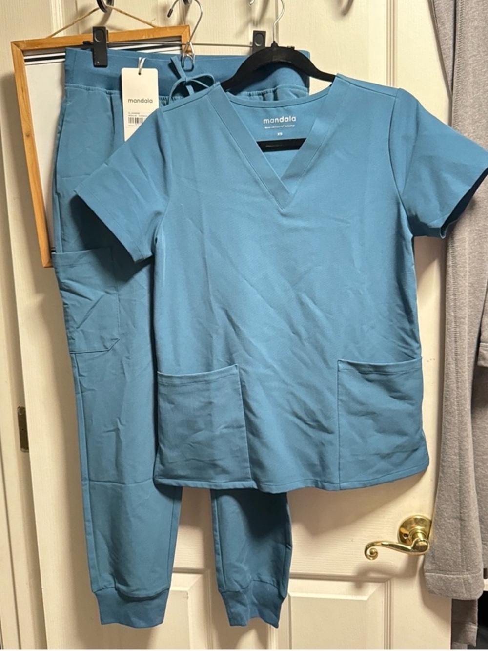 Mandala Harbor Blue Scrub Set - Top XS & Slim Pants Small